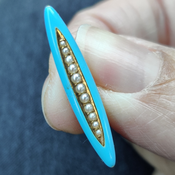 Antique Solid 14K Yellow Gold Pin Brooch signed Krementz Sea Seed Pearls Enamel - Picture 5 of 9